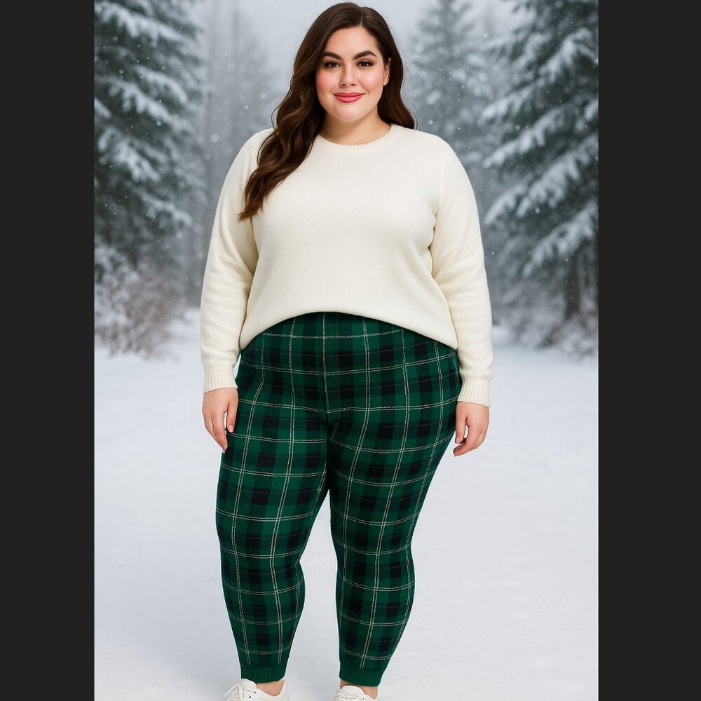 Torrid Green Plaid Sweater Knit Leggings 2X 18 20 High Rise Stretch Pull On NWT